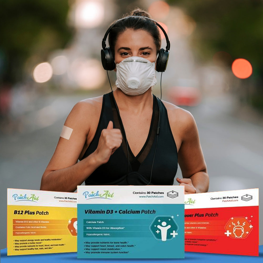 A woman jogs outdoors wearing a face mask and headphones, with a bandage on her arm, while three colorful health patch boxes are displayed in front of her on a blurred street background.