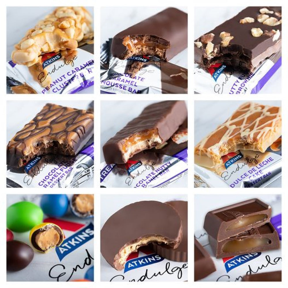 Nine varieties of Atkins Endulge Treats are displayed, featuring chocolate and caramel bars, with some partially bitten, showcasing their textures and fillings against a light background.