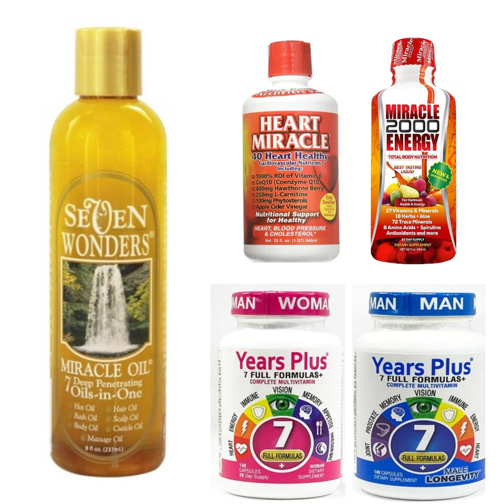 Four health and wellness products are displayed: a bottle of Seven Wonders Miracle Oil, a Heart Miracle supplement, a Miracle 2000 Energy drink, and two Years Plus multivitamins for men and women.
