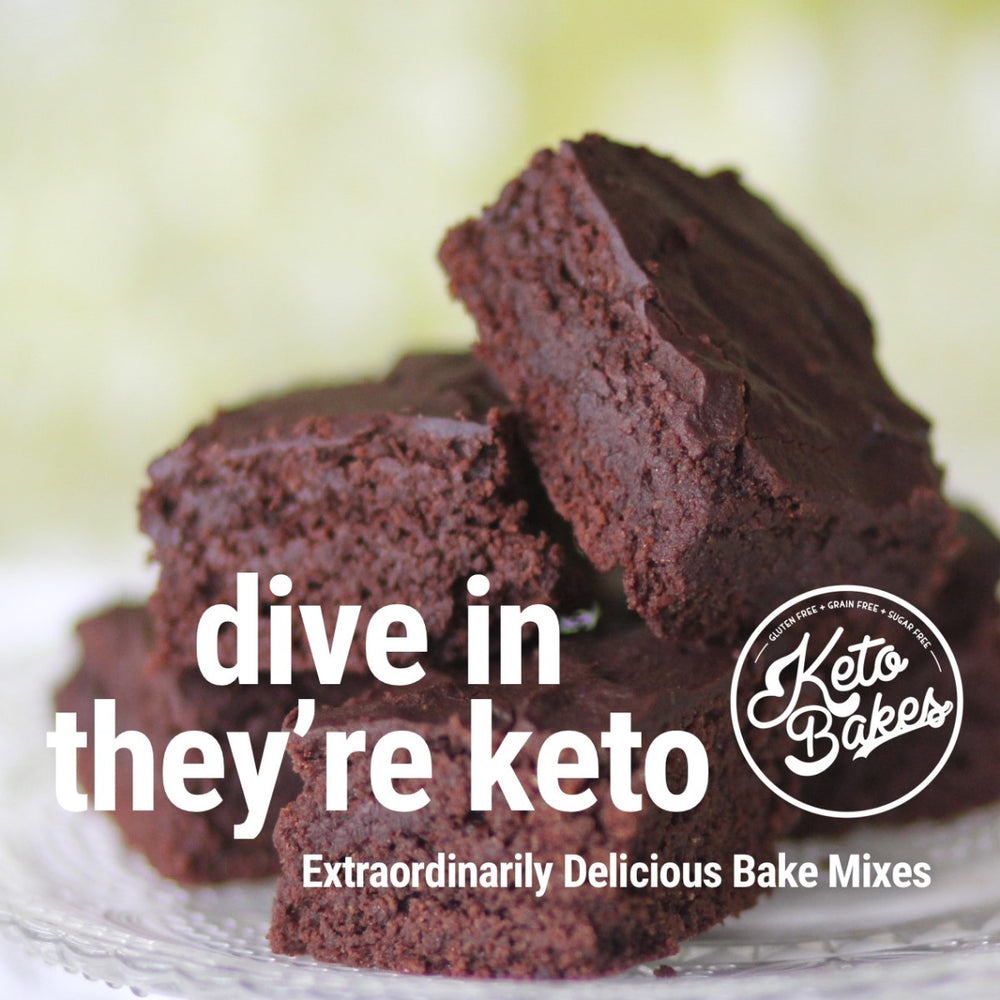 A stack of rich, chocolate keto brownies sits on a glass plate, with a light green background and text promoting the product's deliciousness and keto-friendly qualities.