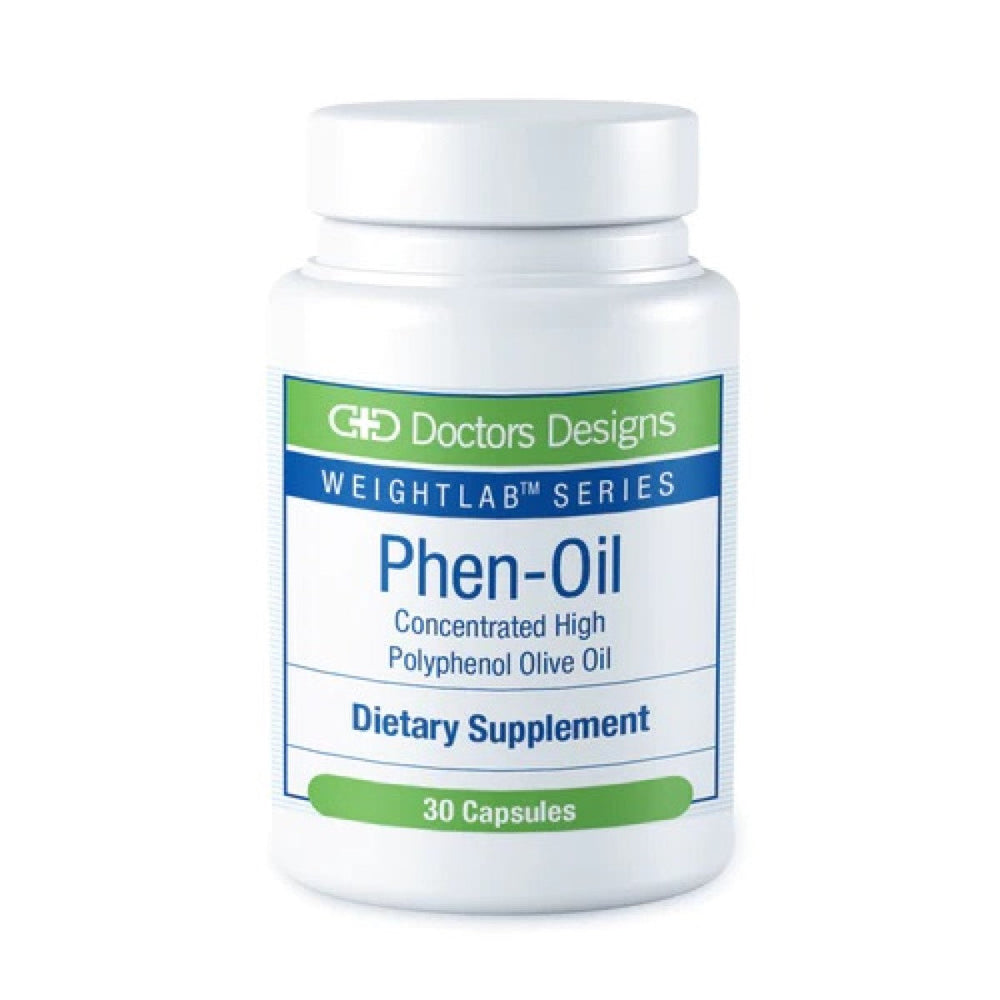 A white bottle labeled "Phen-Oil" with green and blue accents contains 30 capsules, marketed as a dietary supplement with concentrated high polyphenol olive oil.