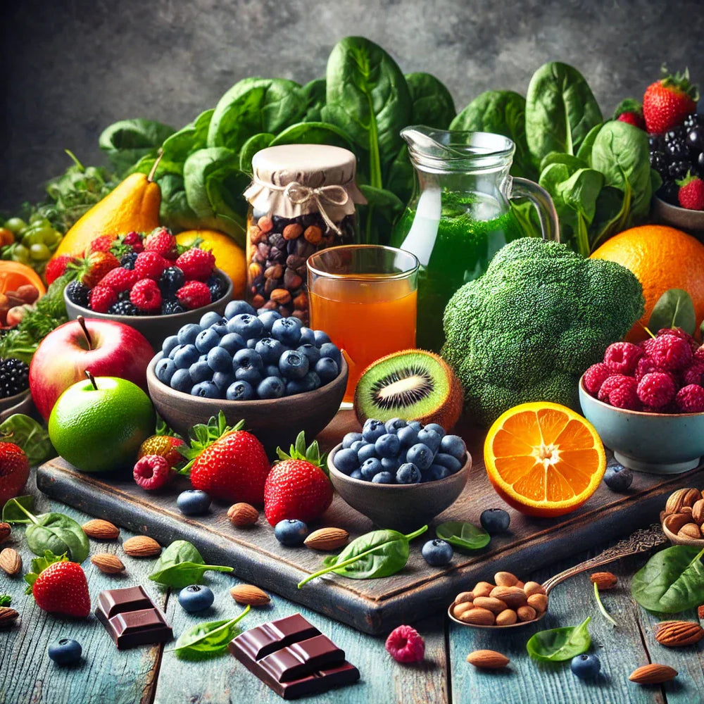 A vibrant arrangement of fresh fruits, vegetables, nuts, and a green drink is displayed on a wooden surface, highlighting blueberries, strawberries, broccoli, and chocolate pieces.