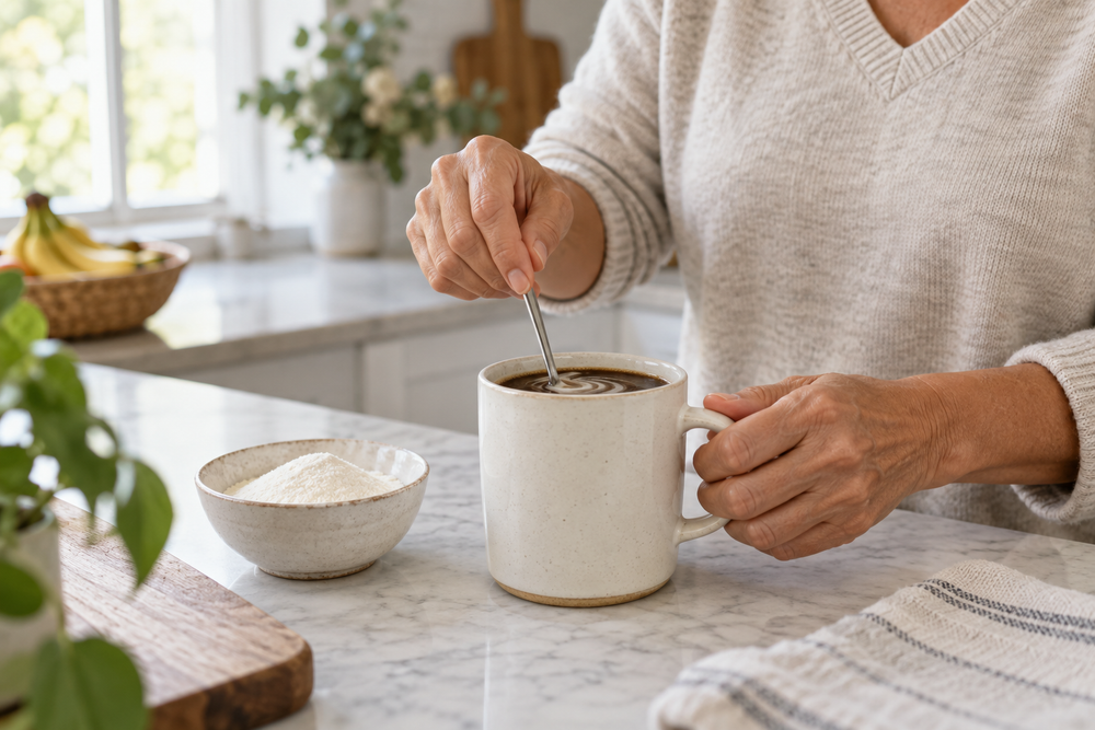 Person stirring a mug of coffee beside a bowl of unbranded powder