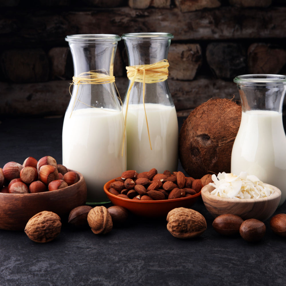 Two glass bottles of milk sit beside bowls of hazelnuts, almonds, walnuts, and coconut flakes, arranged on a dark surface with a rustic wooden background.