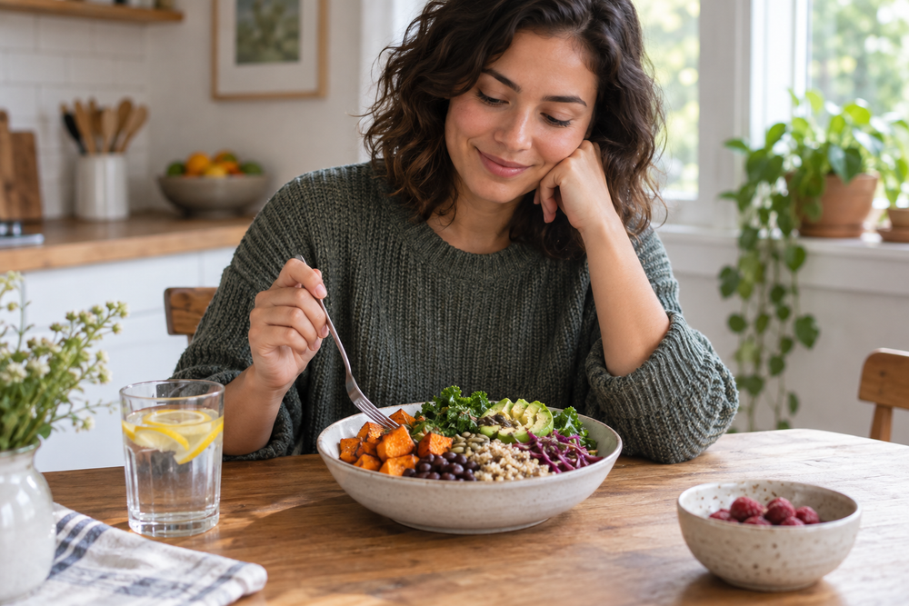 Woman seated with a bowl of vegetables, beans and grains