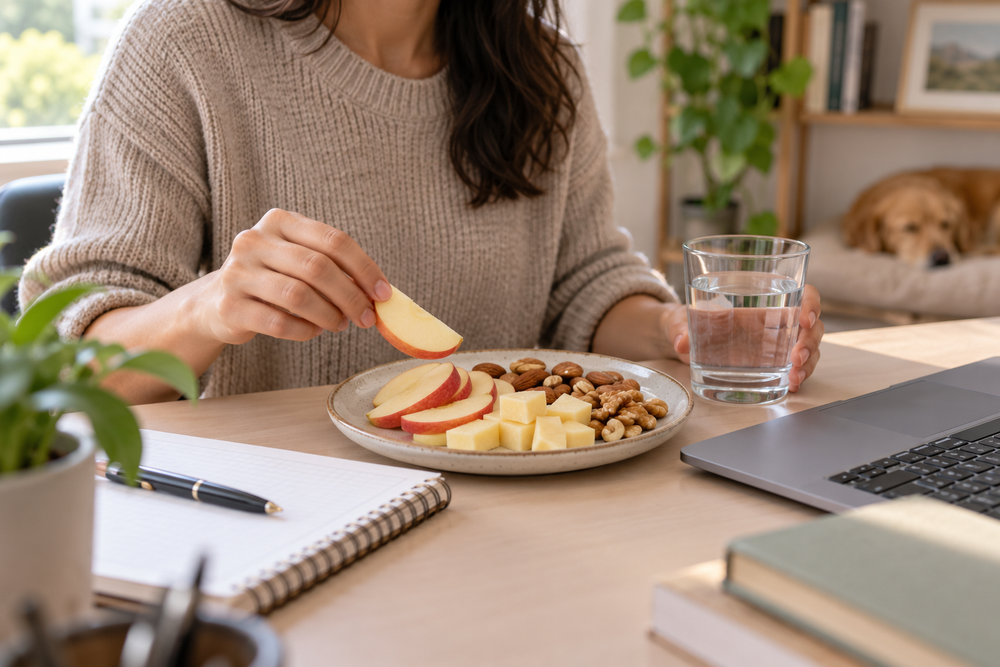 Person taking a snack break with apple slices, cheese, nuts and water
