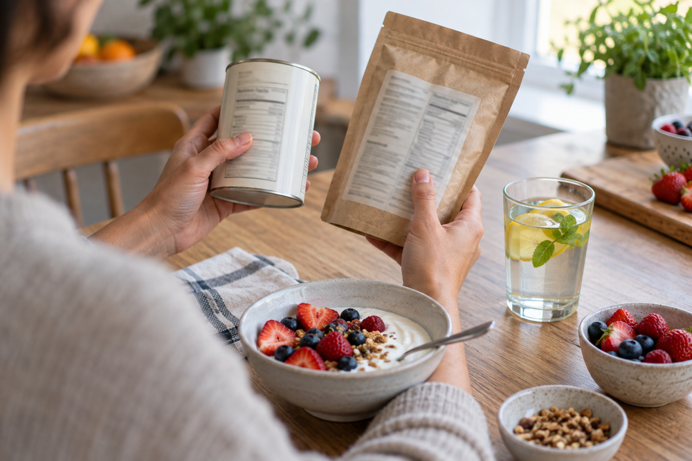 Person comparing package labels beside a bowl of yogurt and berries
