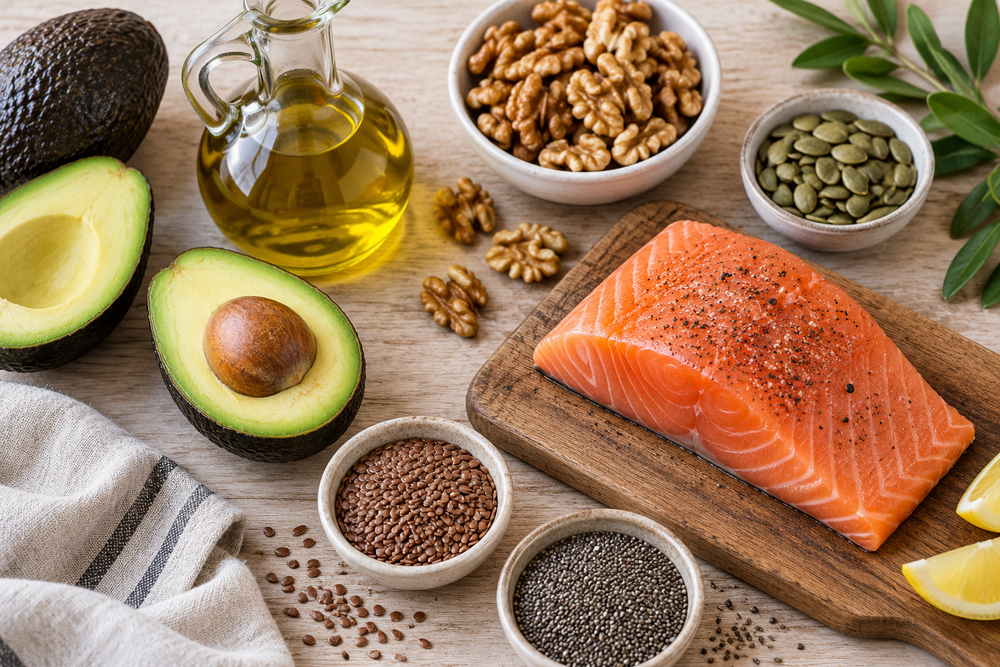 Salmon, avocado, olive oil, walnuts and seeds on a kitchen table