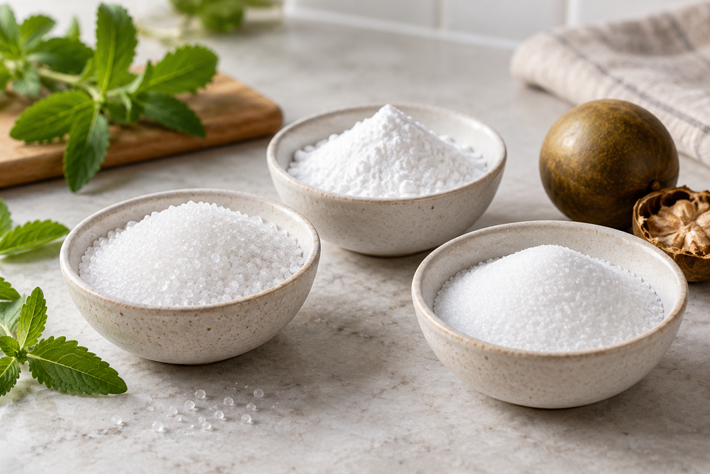 Three bowls of granular and powdered sweeteners beside stevia leaves and a monk fruit