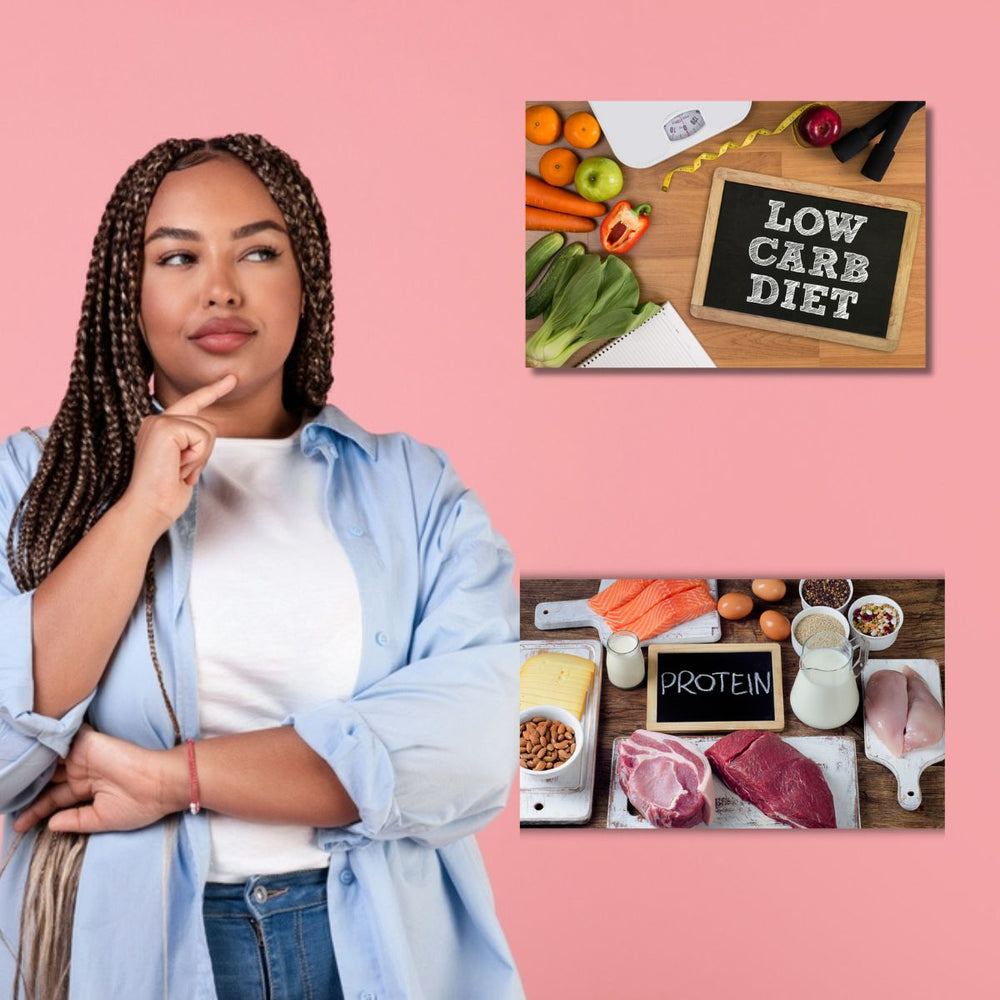 A woman with braided hair thoughtfully considers her options, surrounded by images of a low carb diet with fruits and vegetables and a high protein diet featuring meats and dairy, set against a pink background.