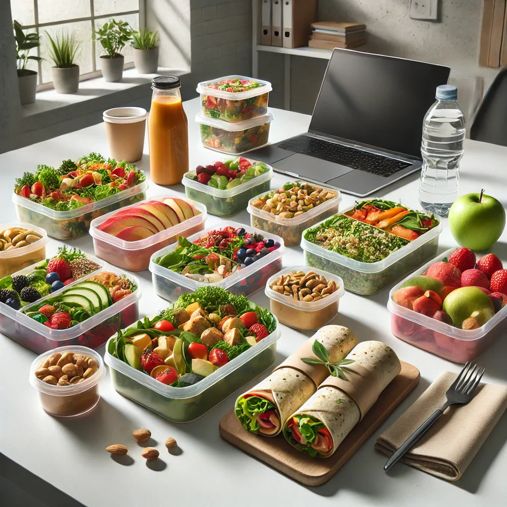 A bright workspace features a variety of healthy meal prep containers with salads, fruits, nuts, and wraps, alongside a laptop, a water bottle, and a juice bottle on a table.