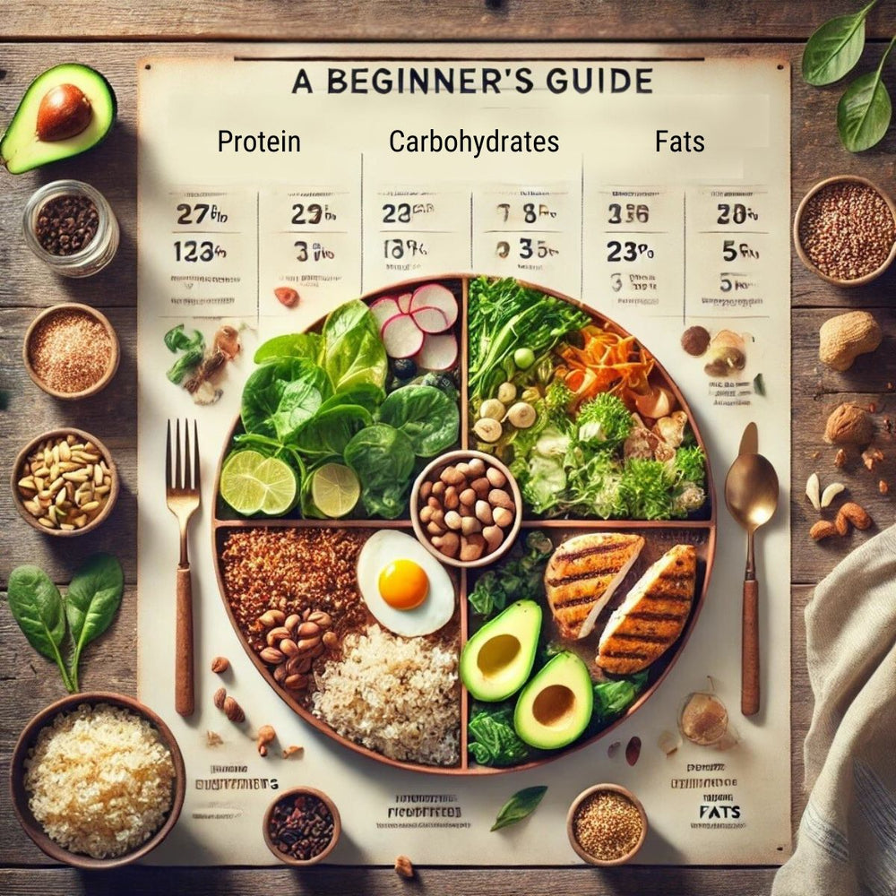 A circular chart displays macronutrient categories—protein, carbohydrates, and fats—alongside various foods like chicken, avocado, grains, and vegetables, providing a beginner's guide to nutrition.