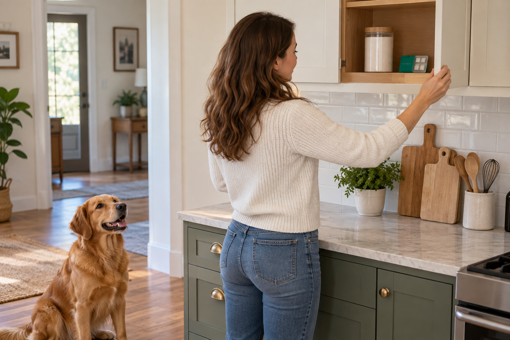 Person closing a high kitchen cabinet while a dog sits safely away
