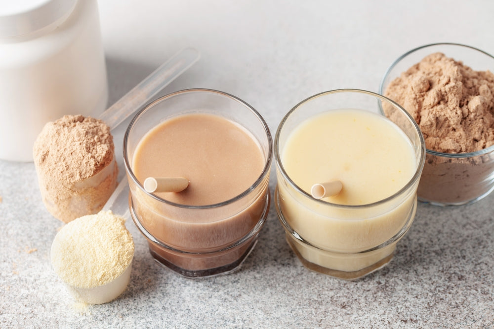 Two glasses of smoothies, one chocolate and one vanilla, sit on a light gray surface alongside measuring scoops of protein powder and a white container.