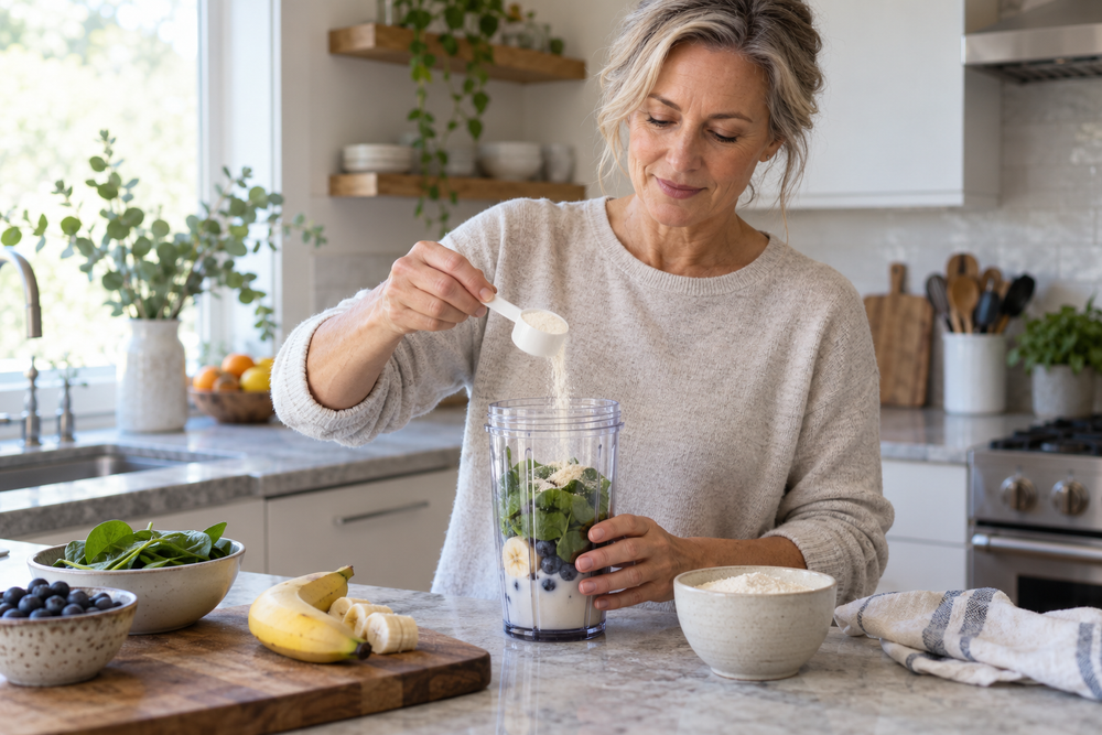 Middle-aged woman adding powder to a fruit smoothie