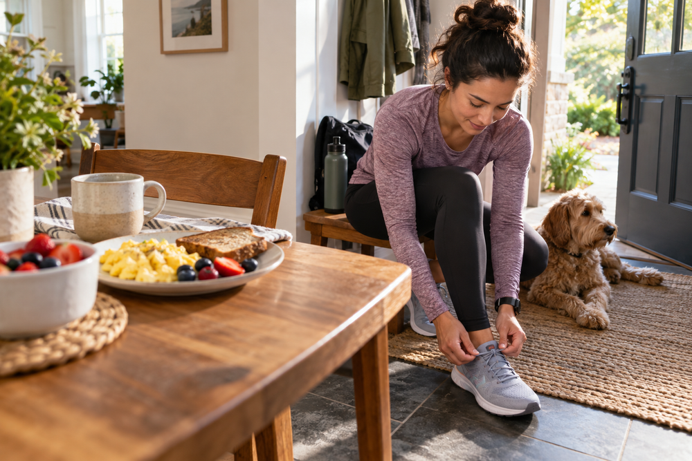 Woman tying running shoes near a breakfast table