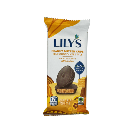 A packaged product featuring Lily's Peanut Butter Cups in milk chocolate style, displaying two chocolate cups with a peanut butter filling, labeled with "No Sugar Added" and nutritional information.