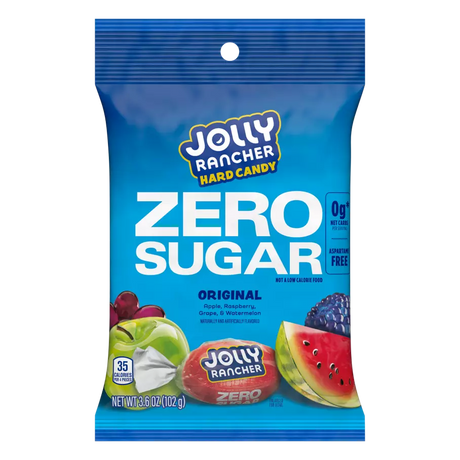 A blue bag of Jolly Rancher Zero Sugar hard candy features colorful fruit images, labeled "Original" with flavors like apple, raspberry, grape, and watermelon, and highlights that it contains 0g net carbs.
