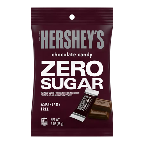 A maroon package of Hershey's Zero Sugar chocolate candy features bold white text, highlighting its zero sugar content and aspartame-free label, with a net weight of 3 ounces.