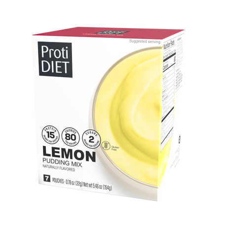 A box of ProtiDIET lemon pudding mix features a creamy yellow pudding swirl on the front, with nutritional information highlighting 15 grams of protein, 80 calories, and 2 grams of sugar per serving.