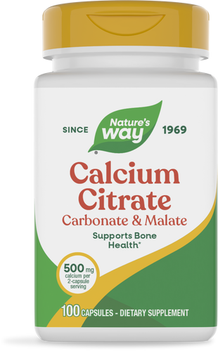 A white bottle with a yellow cap labeled "Calcium Citrate Carbonate & Malate" from Nature's Way, containing 100 capsules, promotes bone health with 500 mg of calcium per two-capsule serving.