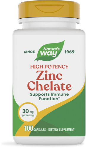 A white bottle of Nature's Way High Potency Zinc Chelate dietary supplement, featuring a yellow cap, labels stating "30 mg per serving" and "100 capsules," with a green and yellow design emphasizing immune support.