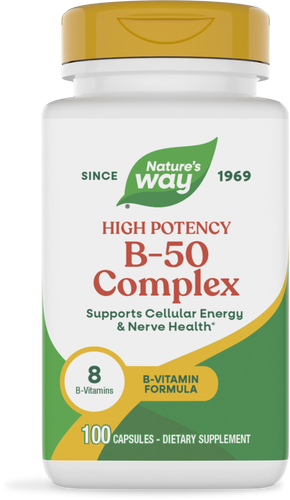 A white bottle of Nature's Way High Potency B-50 Complex dietary supplement, featuring a yellow cap, labeled with "Supports Cellular Energy & Nerve Health" and indicating it contains 100 capsules.