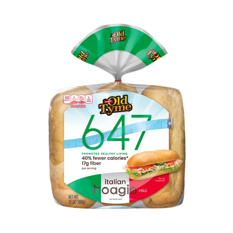 A package of Old Tyme Italian hoagie rolls displays the product name and nutritional information, highlighting 40% fewer calories and 17 grams of fiber per serving, with a total of six rolls inside.