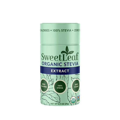 A light green container of SweetLeaf Organic Stevia extract displays labels indicating zero calories, 100% stevia, and zero sugar, emphasizing its natural sweetening properties.