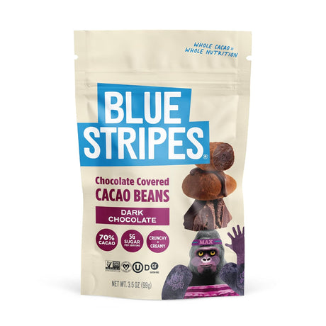 A colorful package of Blue Stripes chocolate-covered cacao beans features dark chocolate treats and a cartoon gorilla character, highlighting nutritional information and product details.