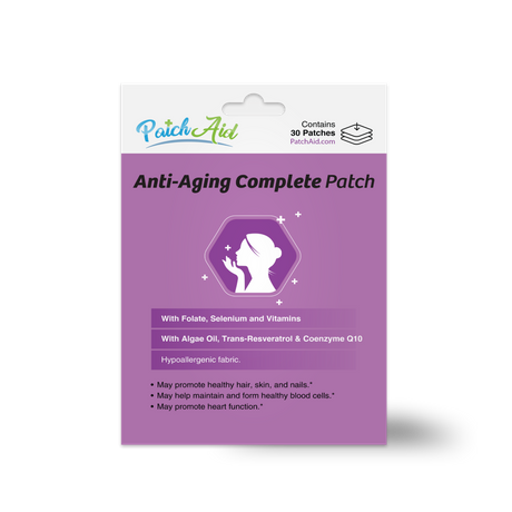 Anti-Aging Complete Patch with folate, selenium, vitamins, algae oil, trans-resveratrol and CoQ10 to support healthy hair, skin and nails. Hypoallergenic fabric; 30 patches.