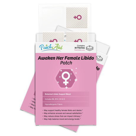 A package of "Awaken Her Female Libido Patch" features a pink design with a female symbol, displaying product benefits and ingredients, and contains 30 hypoallergenic patches for enhancing female libido.