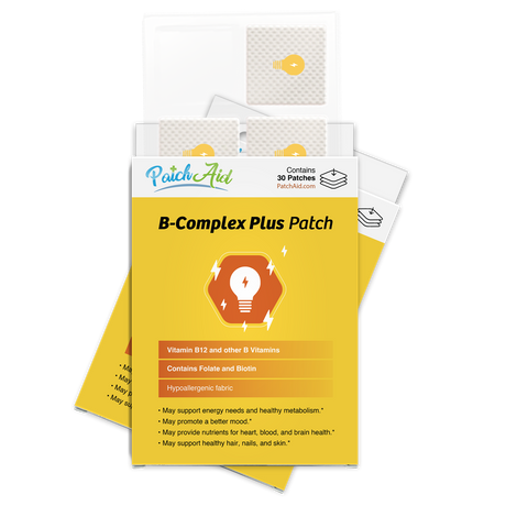 A colorful package of B-Complex Plus patches by PatchAid, featuring a light bulb graphic, highlights benefits like energy support and contains 30 patches made from hypoallergenic fabric.