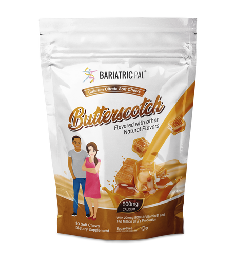 BariatricPal Citrato de Calcio sin Azúcar Masticables Blandos 500mg con Probióticos - Caramelo de Mantequilla