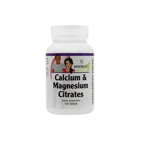 BariatricPal Calcium and Magnesium Citrates support bone health and normal muscle function. Bottle contains 100 tablets.