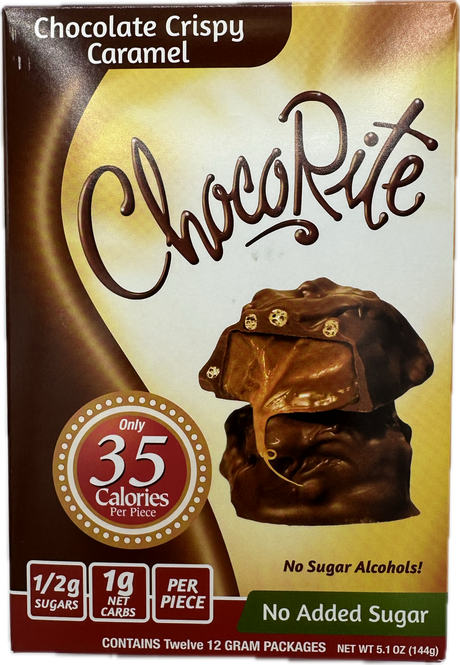 A box of ChocoRite Chocolate Crispy Caramel features the product name in elegant script, highlights low calories and sugar content, and indicates it contains no added sugar, with twelve individual packages inside.
