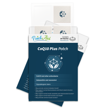 A package of CoQ10 Plus patches is displayed, featuring a blue design with a logo and text highlighting benefits like cholesterol support, containing 30 patches in a hypoallergenic fabric.