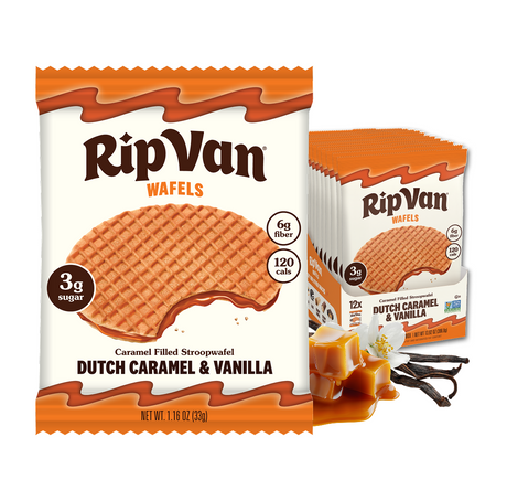 RipVan Wafels package features a caramel-filled stroopwafel with a bite taken out, alongside a display box containing multiple packs, highlighting flavors of Dutch caramel and vanilla.