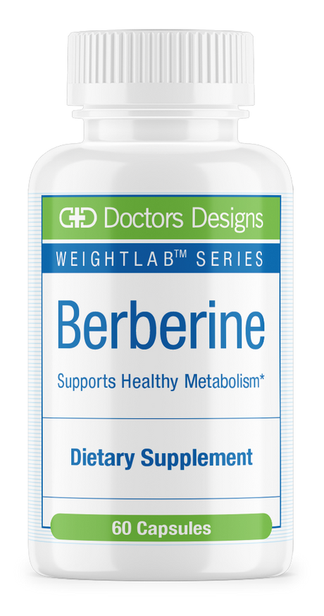 A white bottle labeled "Berberine" contains 60 capsules, promoting healthy metabolism, with branding from "Doctors Designs" and "WEIGHTLAB™ SERIES" prominently displayed.