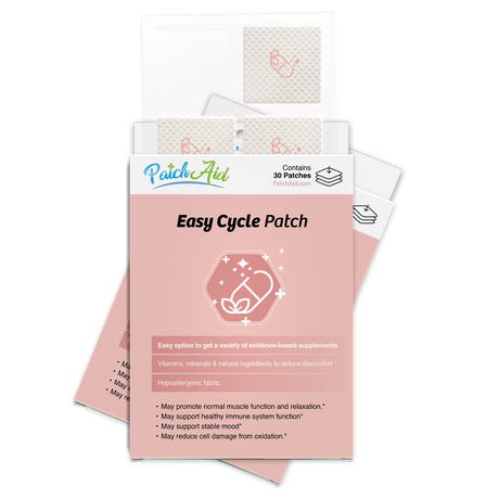 A package of Easy Cycle Patches from PatchAid, featuring a pink background, displays information about the product's benefits, including vitamins and minerals to reduce discomfort.