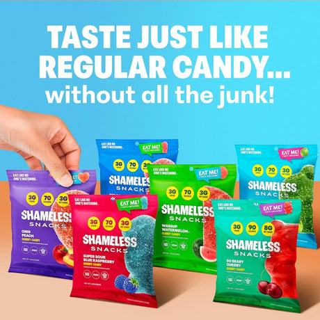 A hand reaches for a blue snack bag labeled "Shameless Snacks," surrounded by colorful gummy candy bags in a bright setting, promoting a healthier candy alternative without junk.