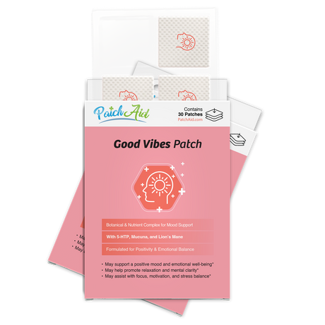A pink package labeled "Good Vibes Patch" contains 30 mood support patches featuring a sun icon, with text highlighting benefits for emotional balance and mental clarity.