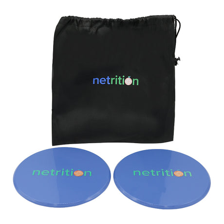 Two blue balance discs with the logo "netrition" are placed in front of a black drawstring bag featuring the same logo, suggesting a fitness or exercise product.