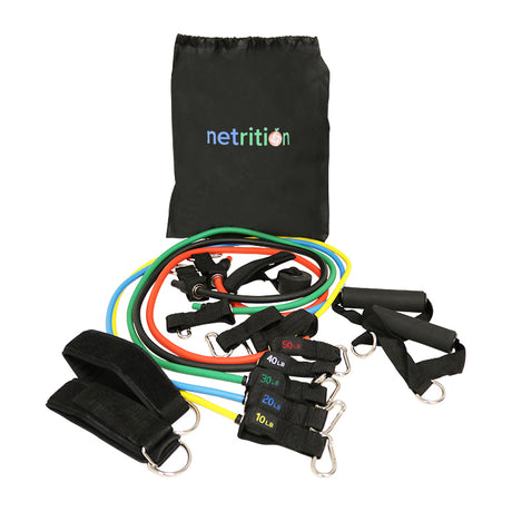 A set of colorful resistance bands in various weights, along with handles and ankle straps, is displayed next to a black drawstring bag with the "netrition" logo.