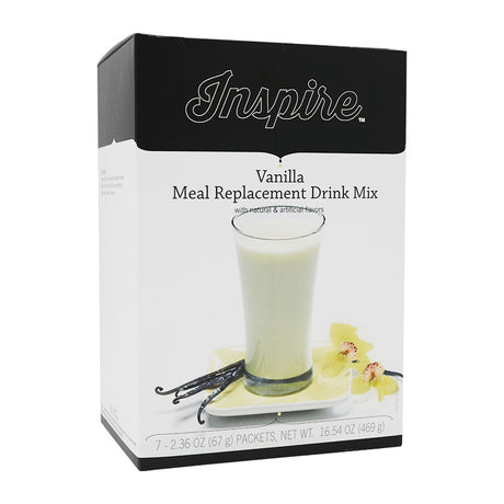 A box of Inspire Vanilla Meal Replacement Drink Mix features a glass of creamy vanilla drink on a plate, with vanilla beans and flowers beside it, highlighting its flavor and packaging details.