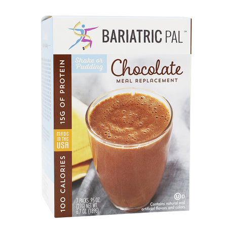 A box of Bariatric Pal Chocolate meal replacement is shown, featuring a glass of chocolate shake with a creamy texture, highlighting its 15 grams of protein and 100 calories per serving.