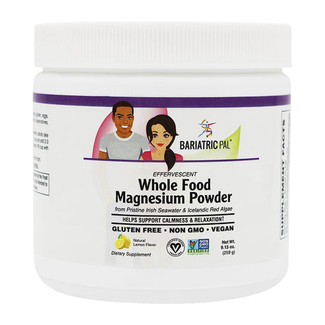A white container of effervescent whole food magnesium powder features illustrations of a man and a woman, with text highlighting its benefits and dietary information, including gluten-free and vegan labels.