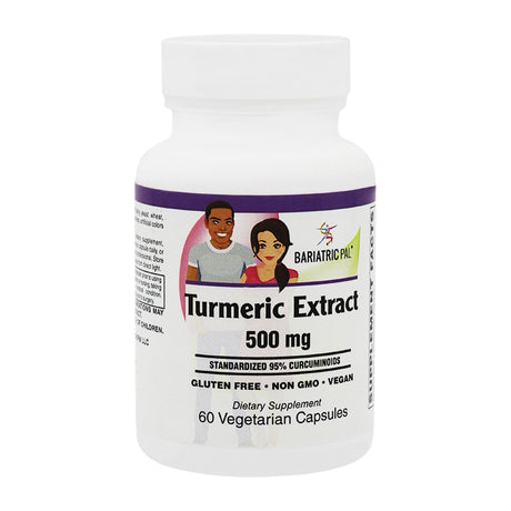 A white bottle of Turmeric Extract dietary supplement contains 60 vegetarian capsules, featuring illustrations of a man and woman on the label, highlighting its gluten-free and vegan attributes.