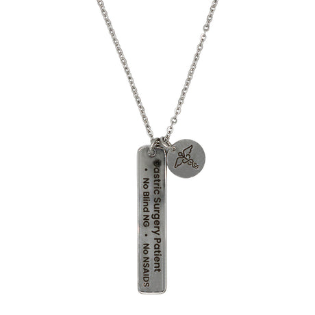 Collar de Alerta Médica para Cirugía Gástrica: Colgante con Barra Estereoscópica Grabada y Dije de Caduceo de BariatricPal - Plata