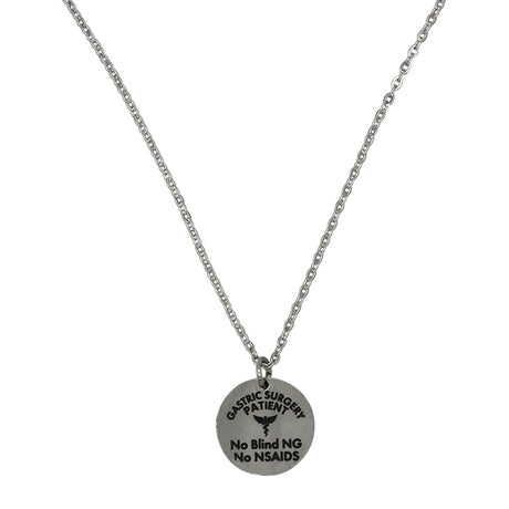Collar de alerta médica para cirugía gástrica con colgante grabado a doble cara y dije de caduceo de BariatricPal - Plata